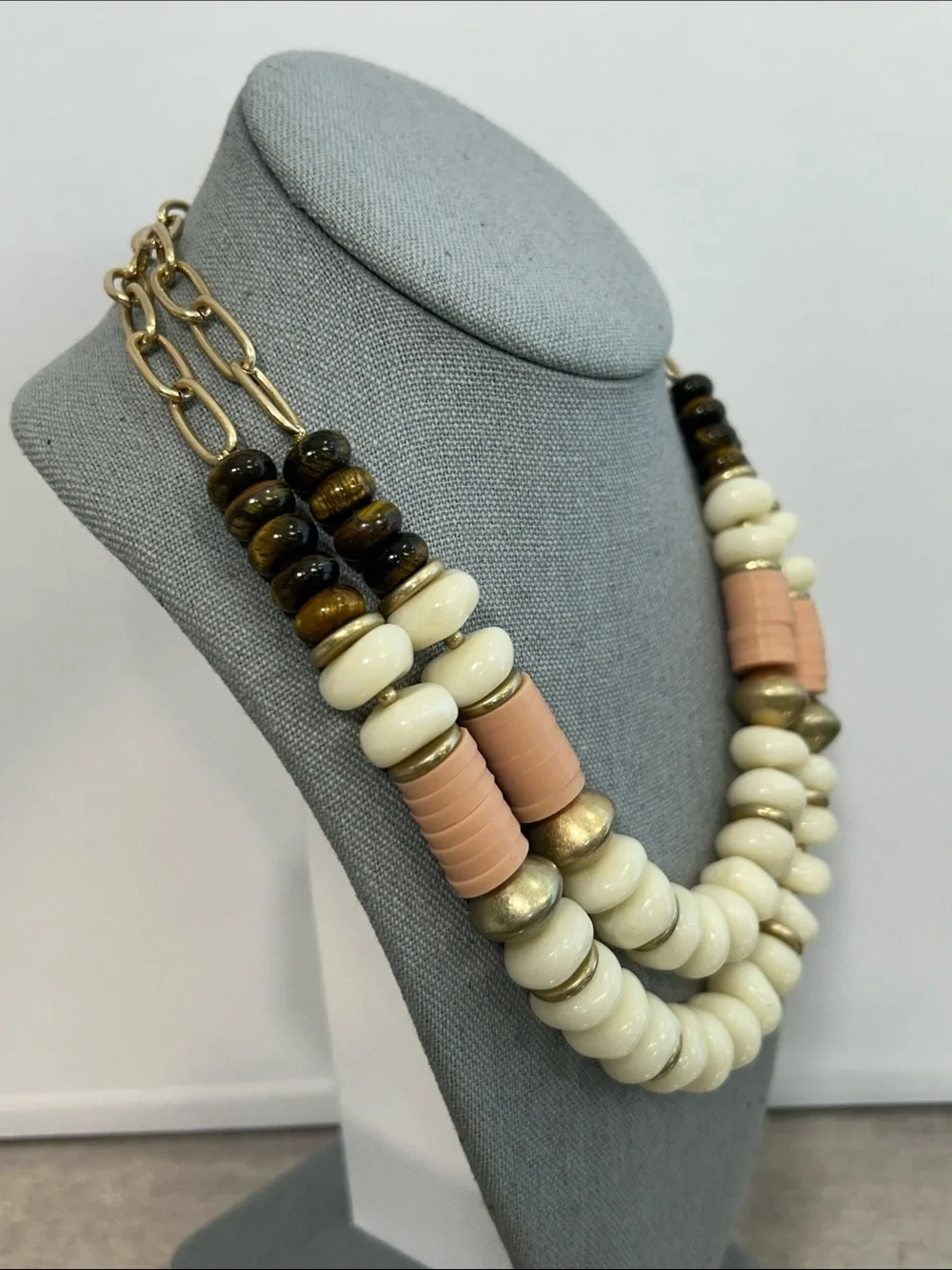 Banana Republic Cream, Peach & Tigers Eye Stone Double Strand Beaded Necklace
